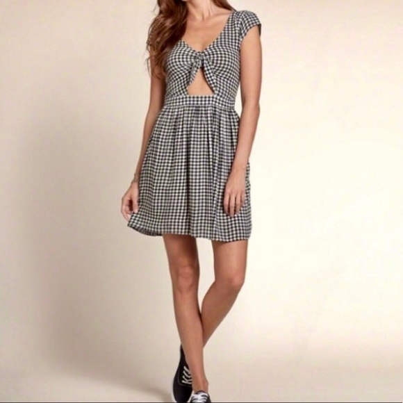 Hollister Gingham Dress small black white checkered cutout tie bow smocked - Picture 3 of 8
